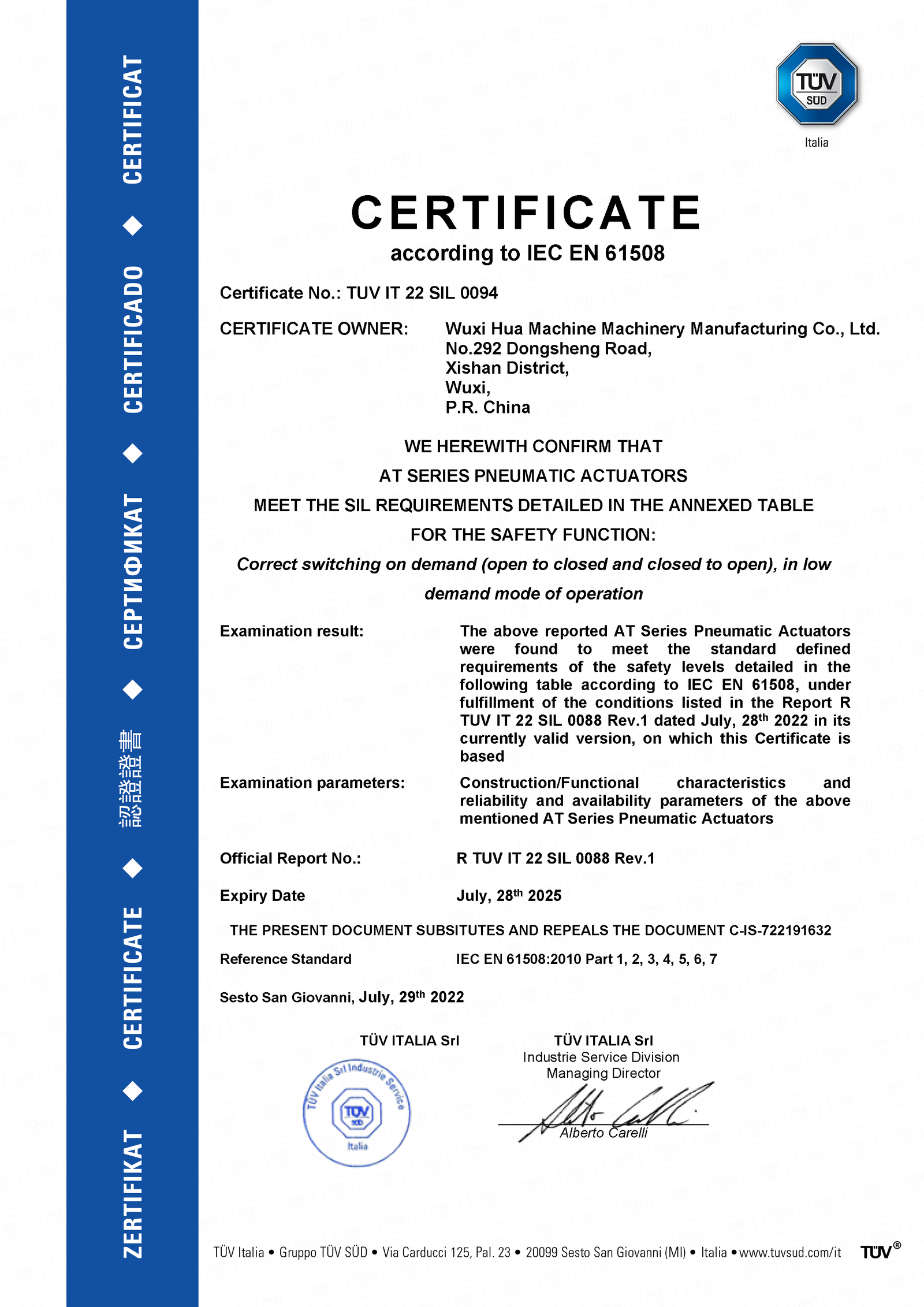 SIL Certificate according to IEC EN 61508