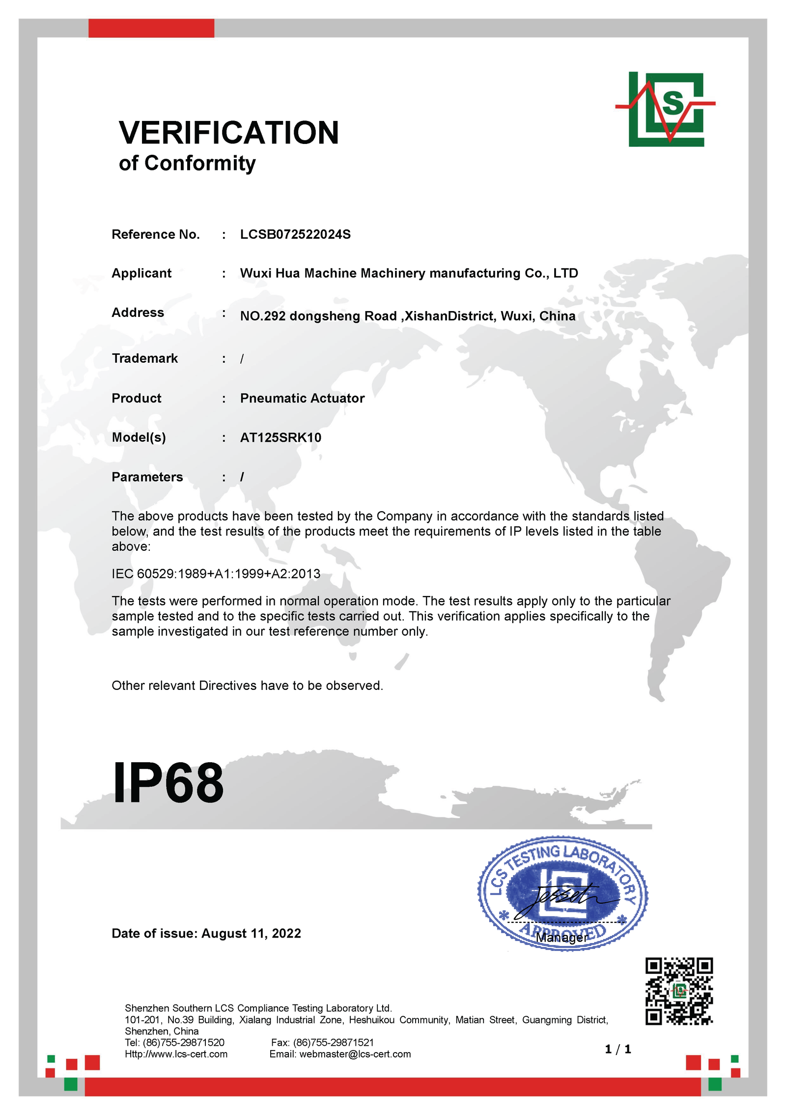 Verification of Conformity – IP68